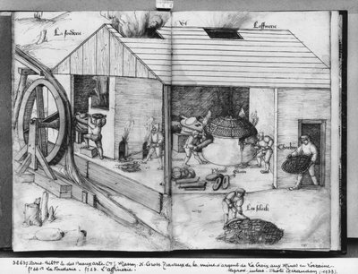 Silver mine of La Croix-aux-Mines, Lorraine, fol.22v and fol.23r, foundry and refining, c.1530 by Heinrich Gross or Groff